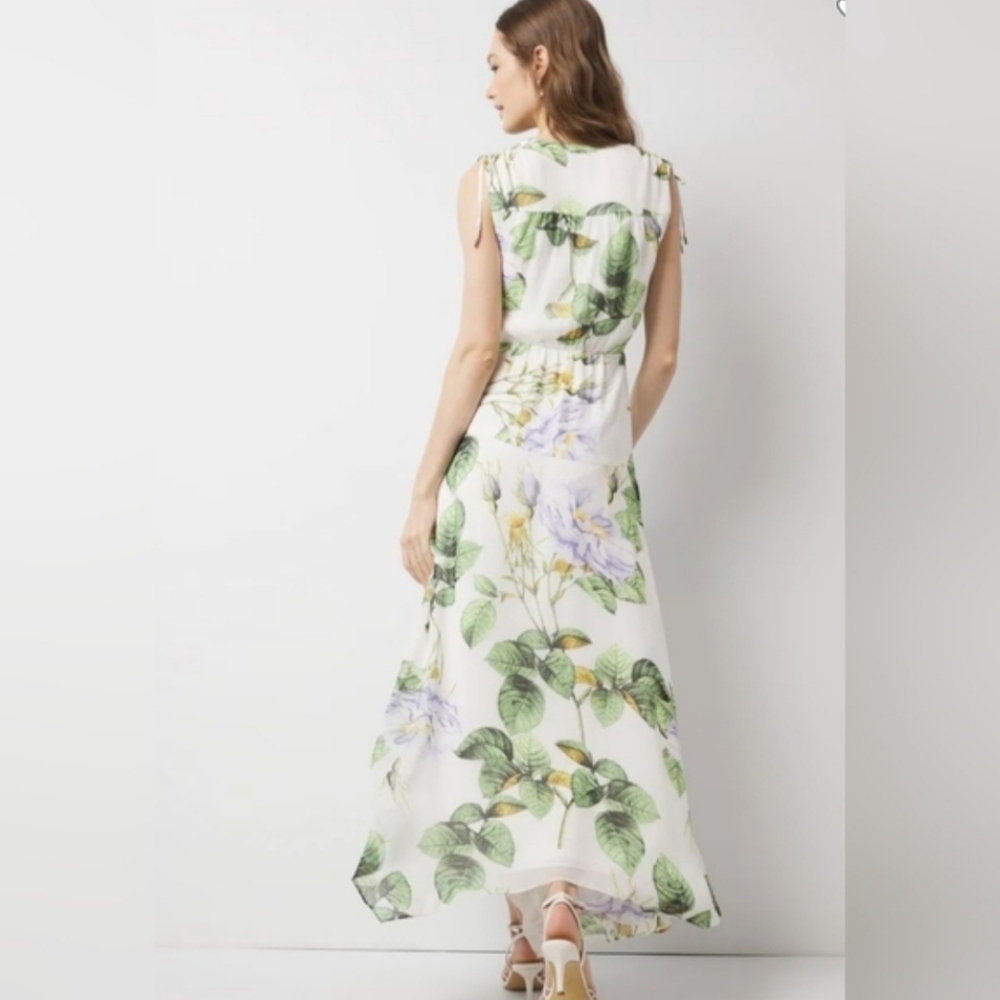 WHBM Elegant White Floral Flowy Rusched Asymmetric Sleeveless Midi Sz:12 - Picture 4 of 16